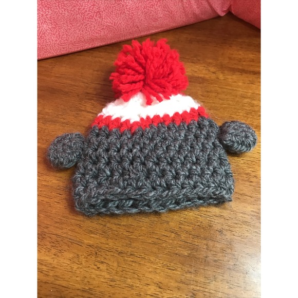 Hand Crocheted Sock Monkey Winter Hat‎ Red Grey - Picture 2 of 6